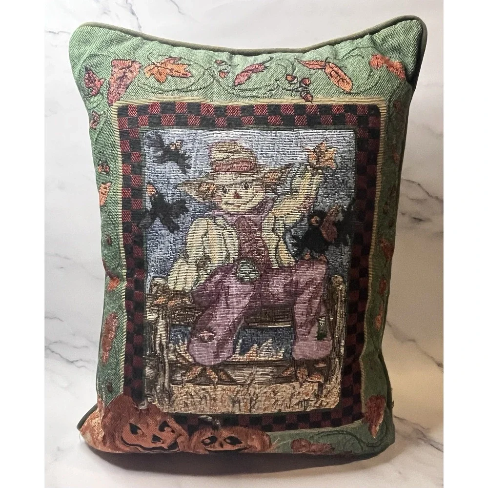 VTG Decorative Halloween Tapestry Throw Pillow Scarecrow Pumpkins Black Birds